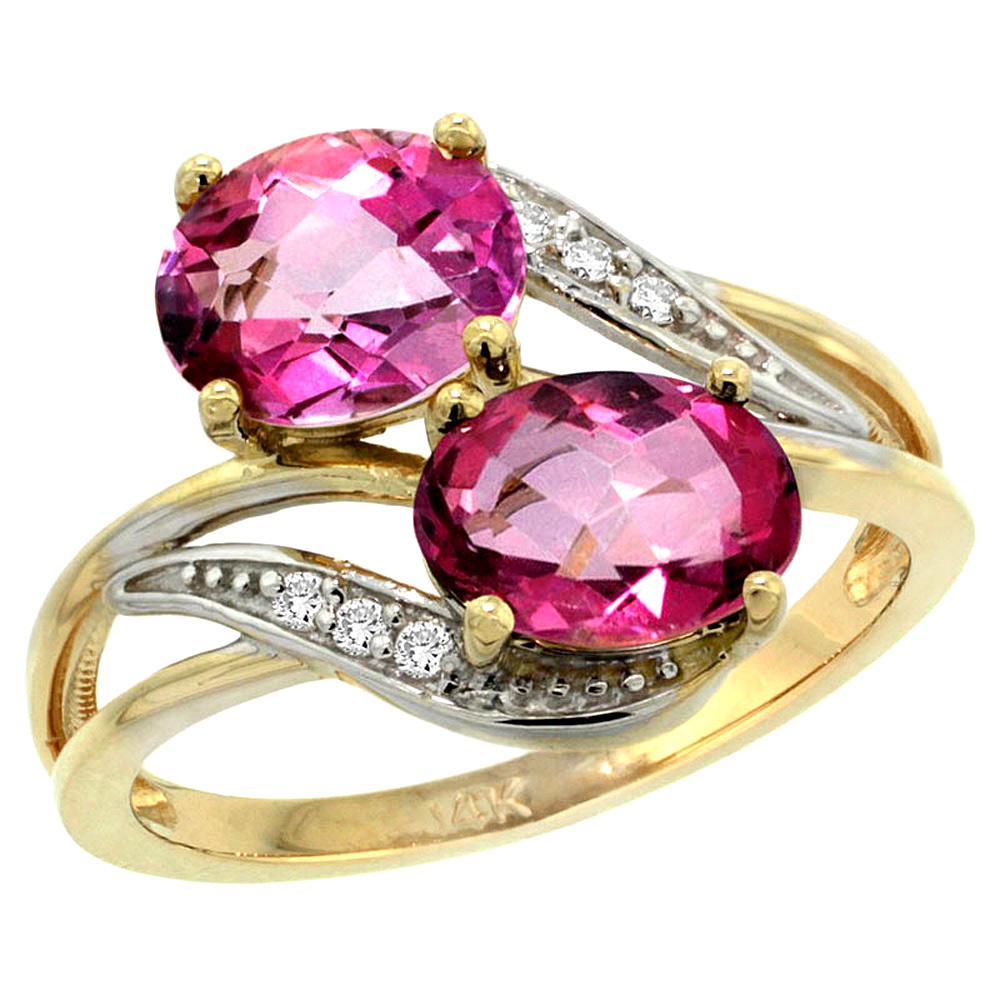 14K Yellow Gold Diamond Natural Pink Topaz 2-stone Ring Oval 8x6mm, sizes 5 - 10