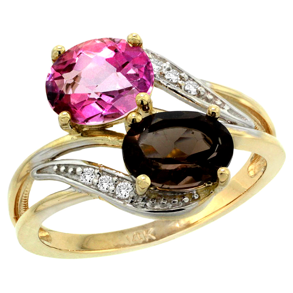 14K Yellow Gold Diamond Natural Pink &amp; Smoky Topaz 2-stone Ring Oval 8x6mm, sizes 5 - 10