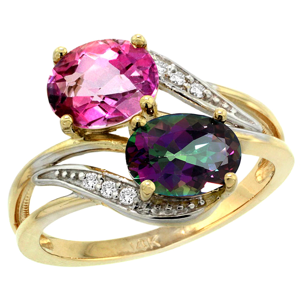 10K Yellow Gold Diamond Natural Pink & Mystic Topaz 2-stone Ring Oval 8x6mm, sizes 5 - 10