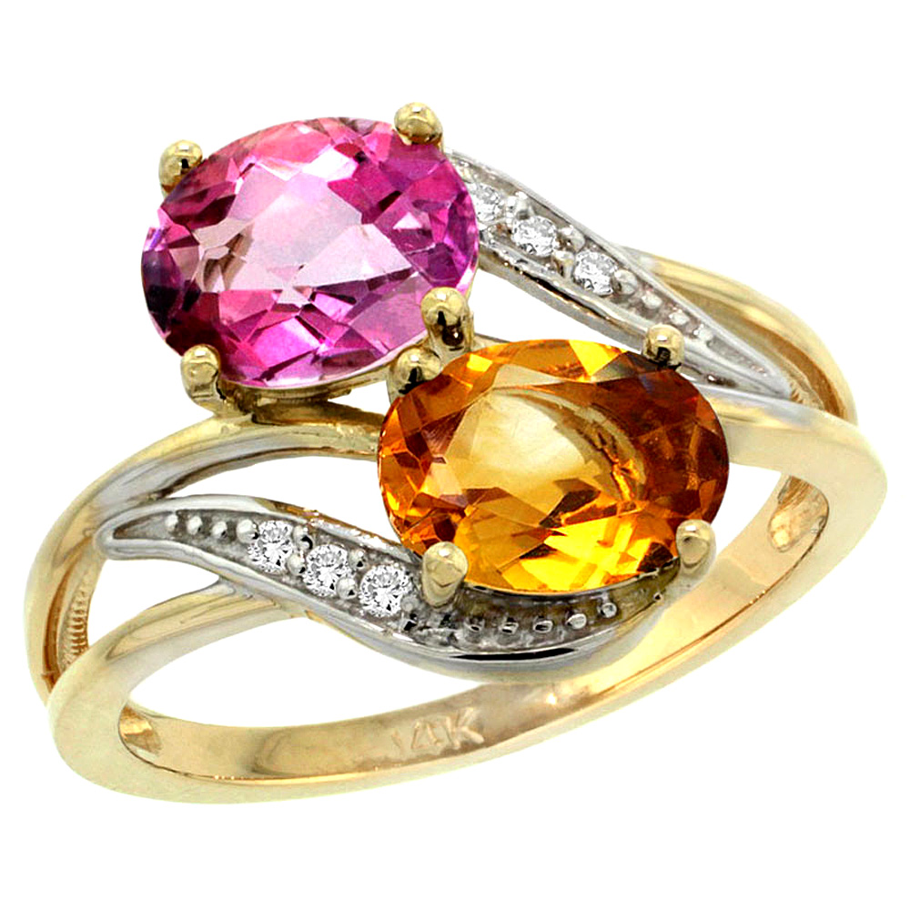 14K Yellow Gold Diamond Natural Pink Topaz & Citrine 2-stone Ring Oval 8x6mm, sizes 5 - 10