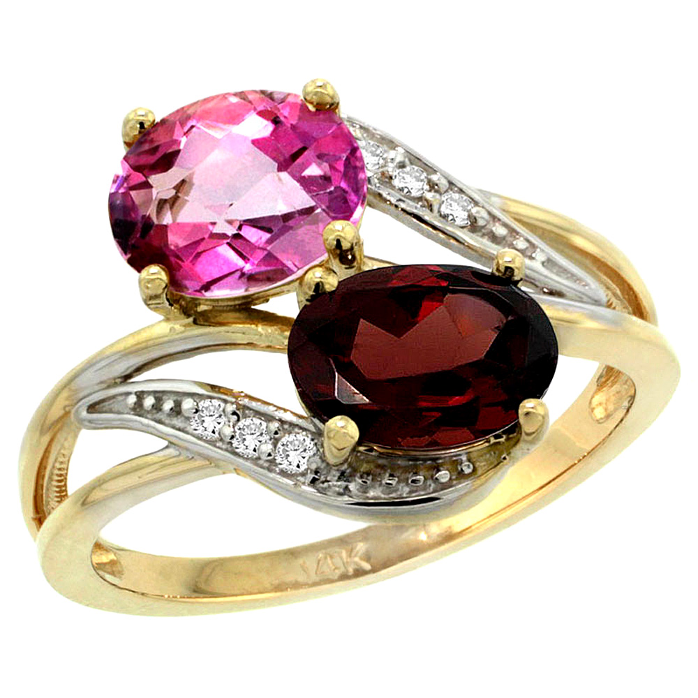 14K YELLOW GOLD DIAMOND NATURAL PINK TOPAZ & GARNET 2-STONE RING OVAL 8X6MM, SIZES 5 - 10