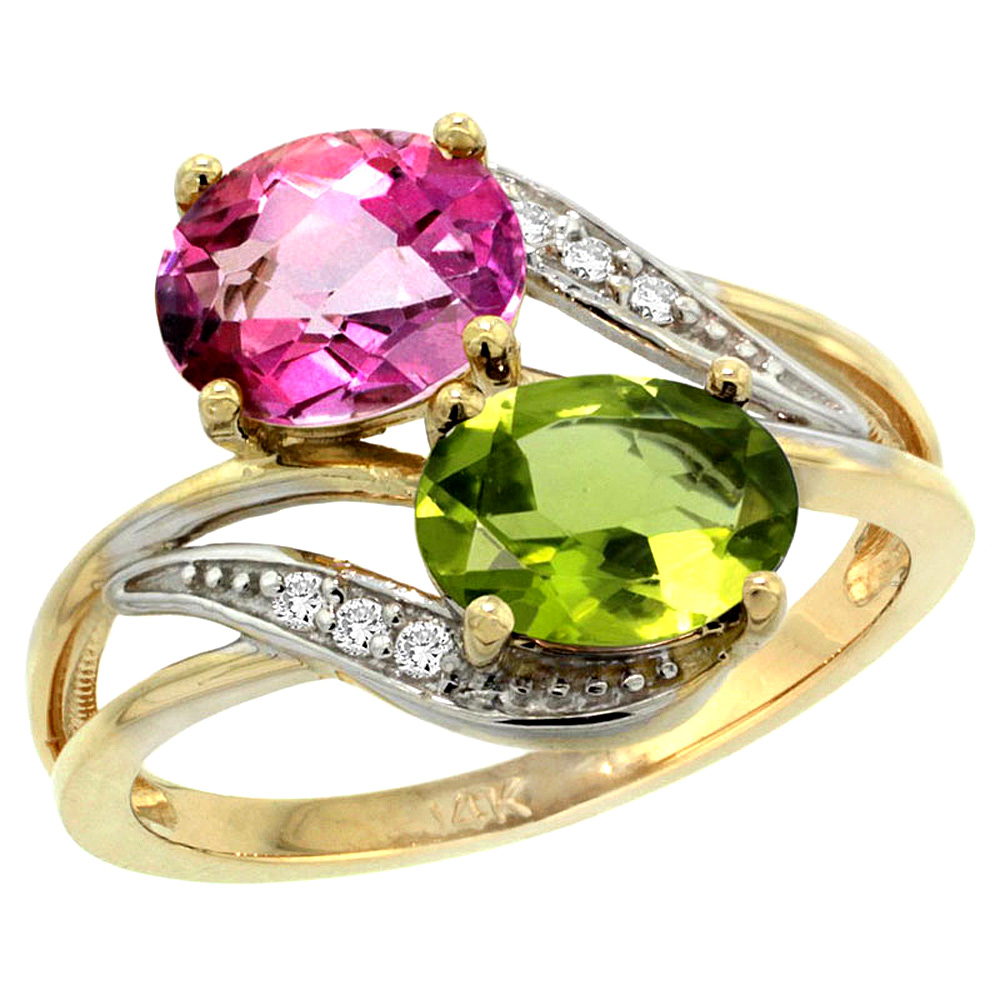 14K YELLOW GOLD DIAMOND NATURAL PINK TOPAZ & PERIDOT 2-STONE RING OVAL 8X6MM, SIZES 5 - 10