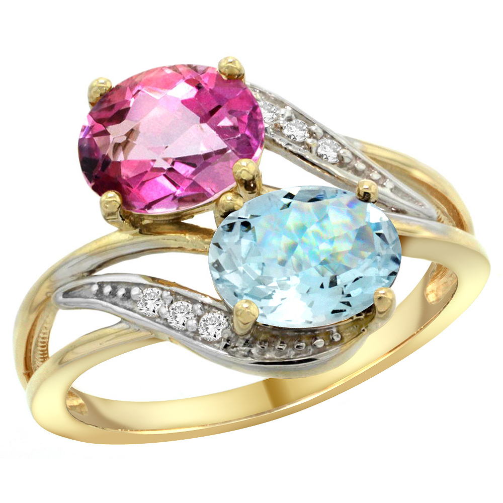 14K YELLOW GOLD DIAMOND NATURAL PINK TOPAZ & AQUAMARINE 2-STONE RING OVAL 8X6MM, SIZES 5 - 10