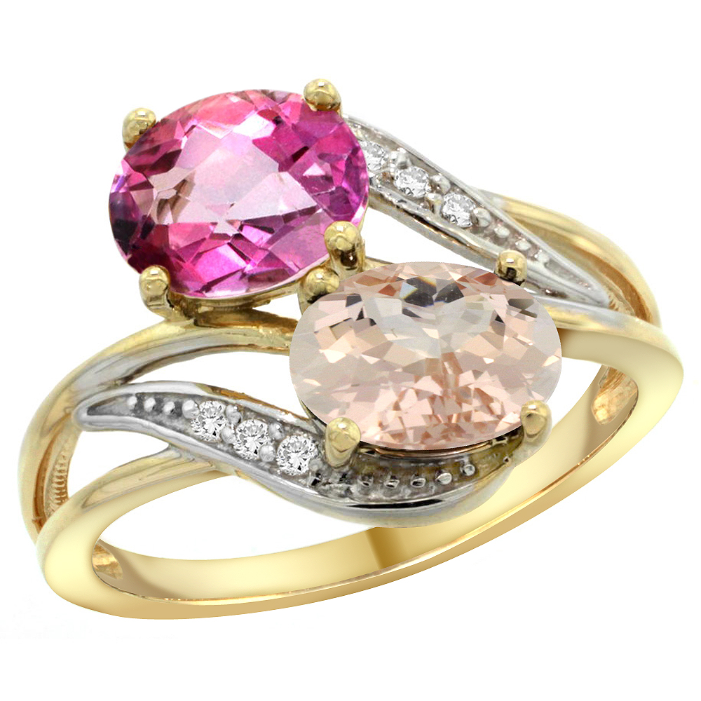 14K Yellow Gold Diamond Natural Pink Topaz &amp; Morganite 2-stone Ring Oval 8x6mm, sizes 5 - 10