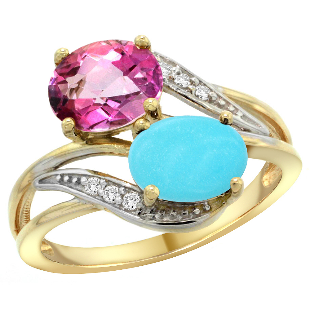 14K YELLOW GOLD DIAMOND NATURAL PINK TOPAZ & TURQUOISE 2-STONE RING OVAL 8X6MM, SIZES 5 - 10