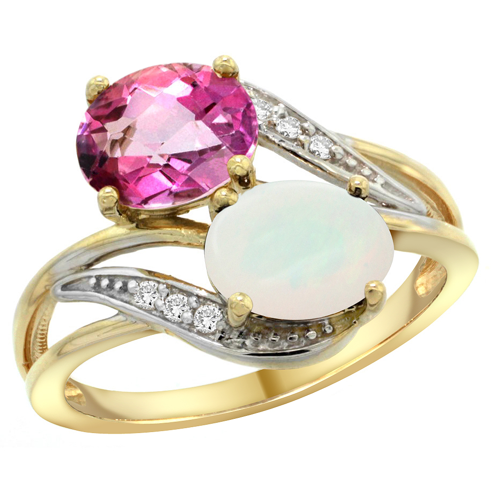 14K Yellow Gold Diamond Natural Pink Topaz &amp; Opal 2-stone Ring Oval 8x6mm, sizes 5 - 10