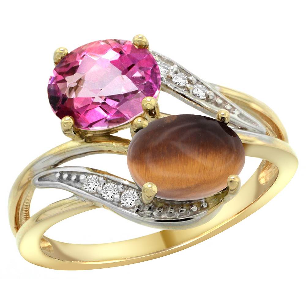 14K YELLOW GOLD DIAMOND NATURAL PINK TOPAZ & TIGER EYE 2-STONE RING OVAL 8X6MM, SIZES 5 - 10