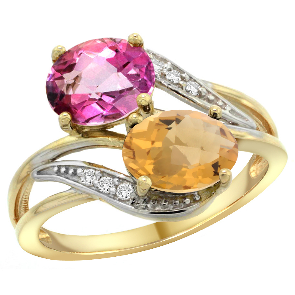 14K Yellow Gold Diamond Natural Pink Topaz &amp; Whisky Quartz 2-stone Ring Oval 8x6mm, sizes 5 - 10