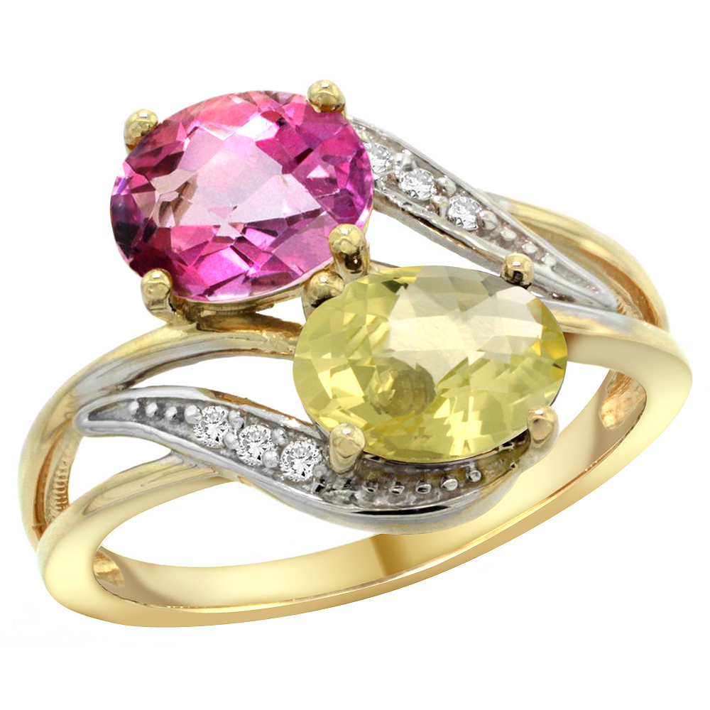 14K Yellow Gold Diamond Natural Pink Topaz &amp; Lemon Quartz 2-stone Ring Oval 8x6mm, sizes 5 - 10