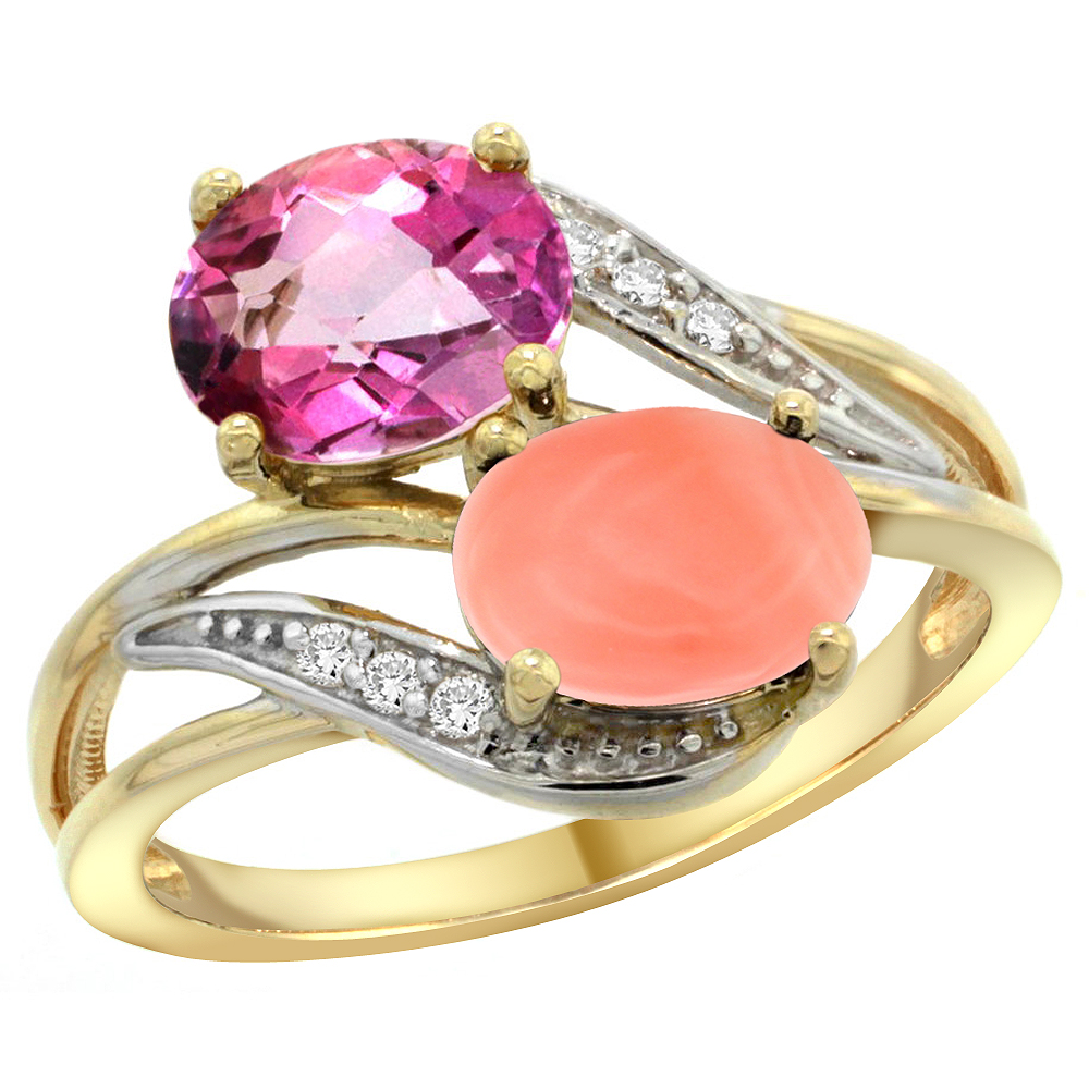14K Yellow Gold Diamond Natural Pink Topaz &amp; Coral 2-stone Ring Oval 8x6mm, sizes 5 - 10