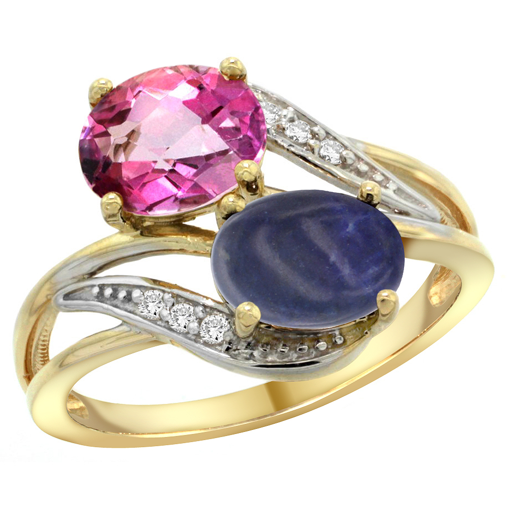 14K YELLOW GOLD DIAMOND NATURAL PINK TOPAZ & LAPIS 2-STONE RING OVAL 8X6MM, SIZES 5 - 10