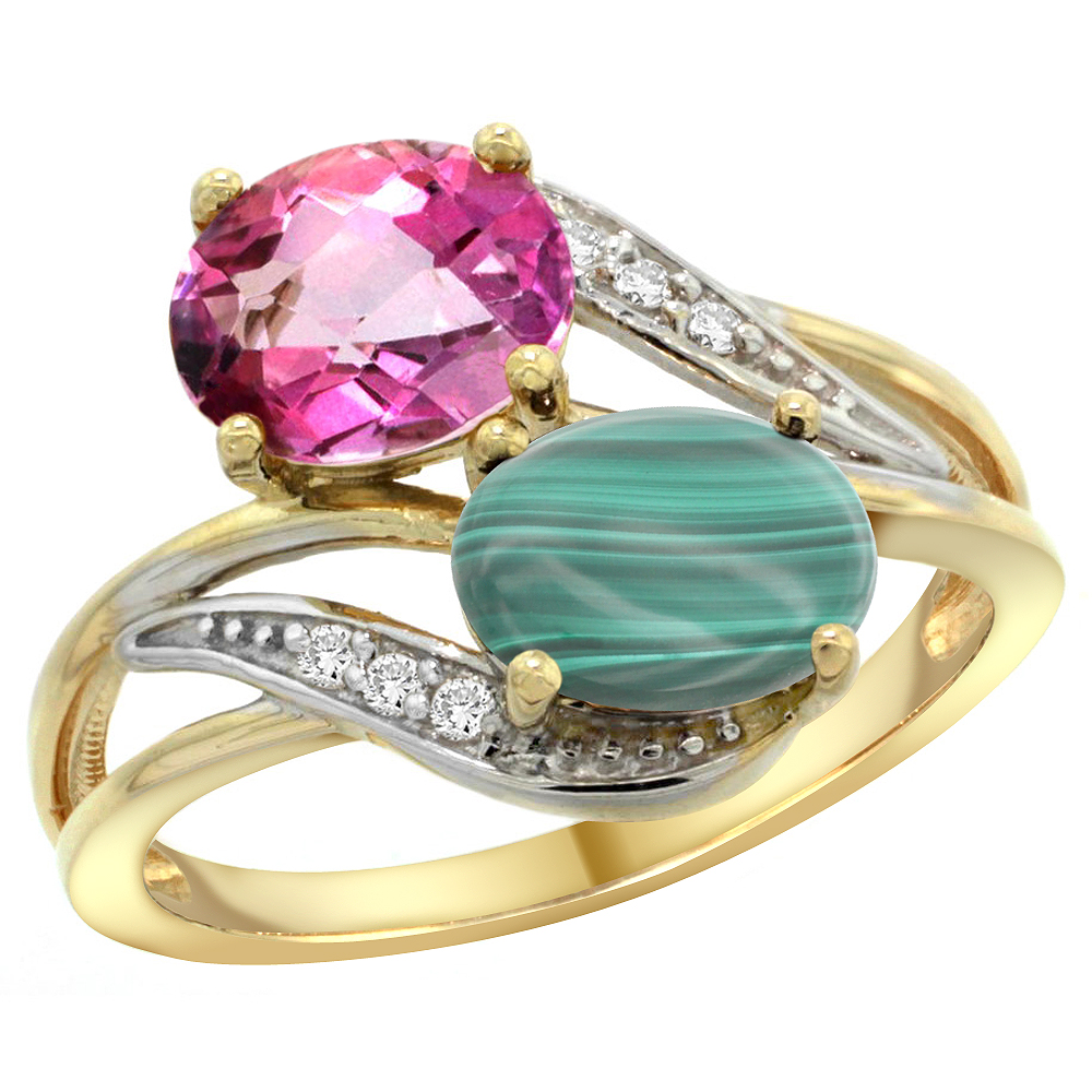 14K YELLOW GOLD DIAMOND NATURAL PINK TOPAZ & MALACHITE 2-STONE RING OVAL 8X6MM, SIZES 5 - 10