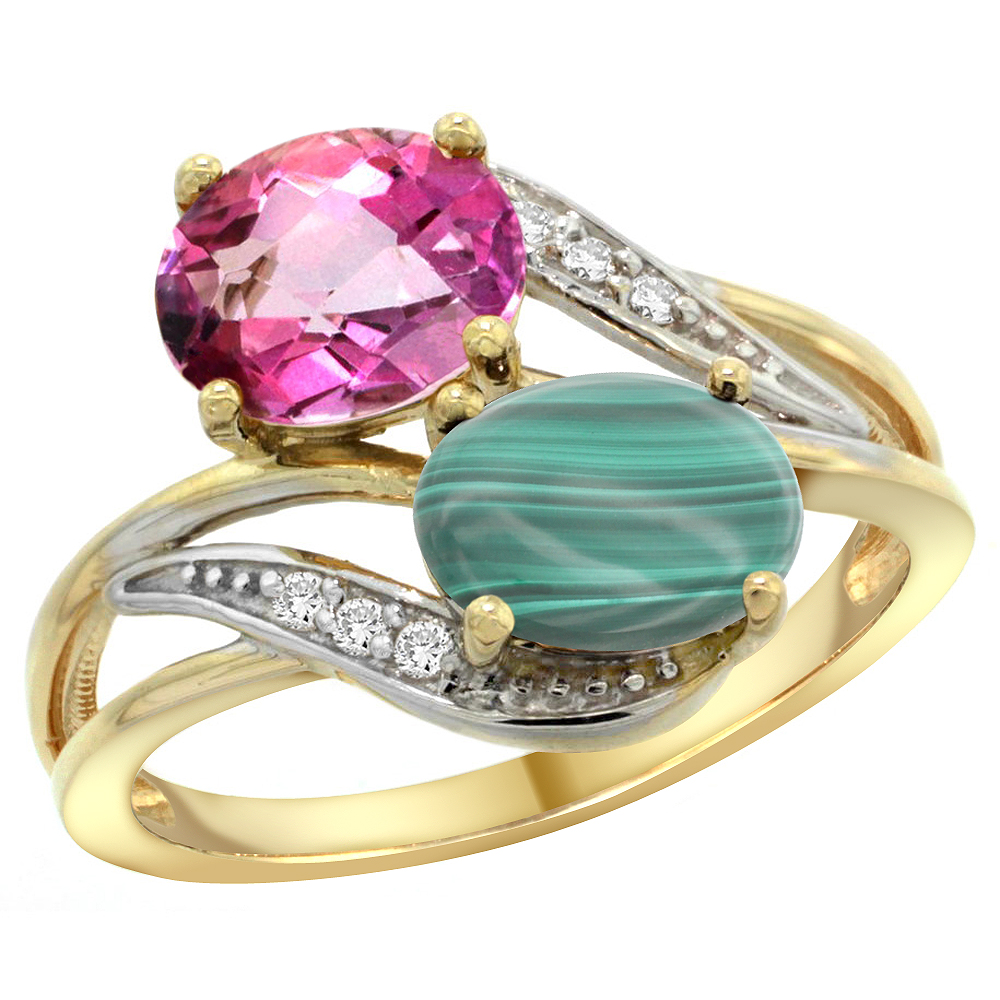10K Yellow Gold Diamond Natural Pink Topaz & Malachite 2-stone Ring Oval 8x6mm, sizes 5 - 10