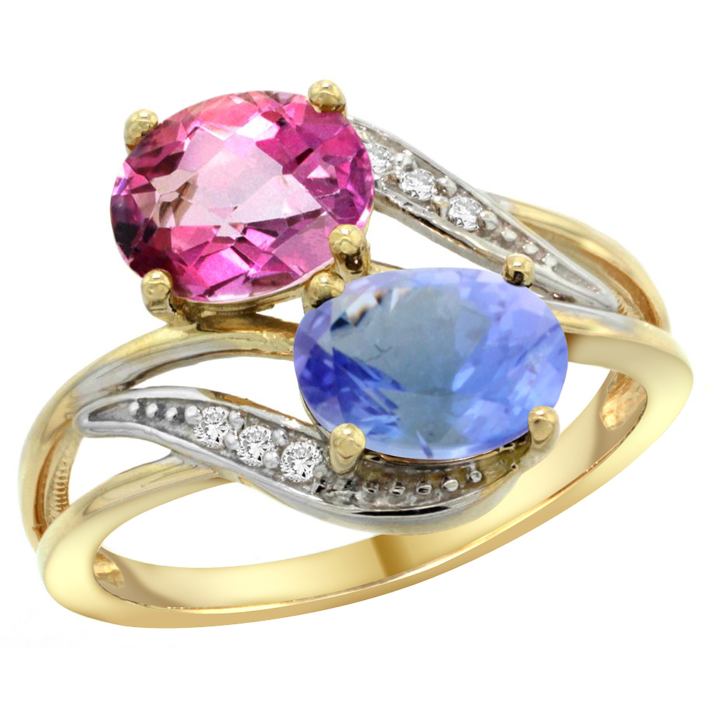 14K Yellow Gold Diamond Natural Pink Topaz &amp; Tanzanite 2-stone Ring Oval 8x6mm, sizes 5 - 10