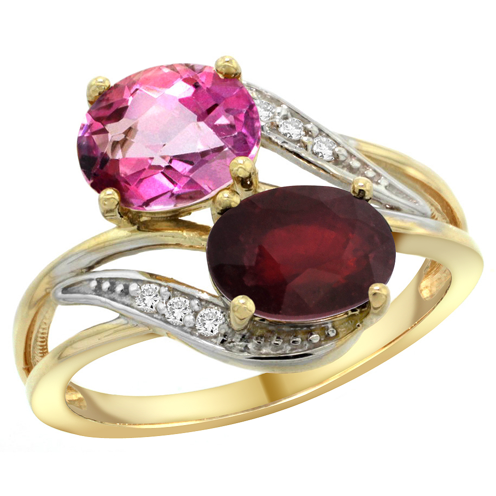 14K YELLOW GOLD DIAMOND NATURAL PINK TOPAZ & QUALITY RUBY 2-STONE MOTHERS RING OVAL 8X6MM, SIZE 5 - 10