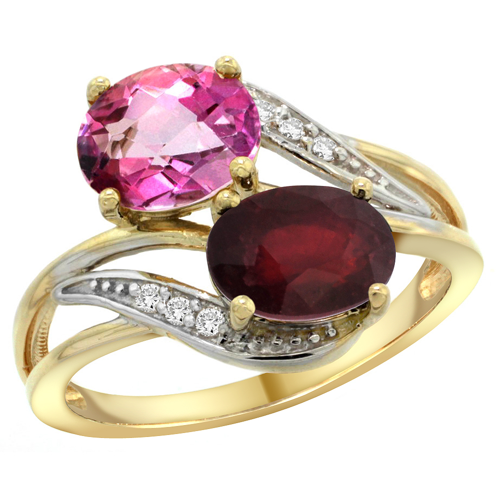 10K Yellow Gold Diamond Natural Pink Topaz & Quality Ruby 2-stone Mothers Ring Oval 8x6mm, size 5 - 10