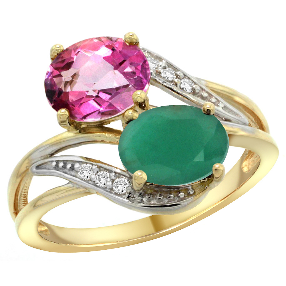 14K Yellow Gold Diamond Natural Pink Topaz &amp; Quality Emerald 2-stone Mothers Ring Oval 8x6mm, size 5 - 10