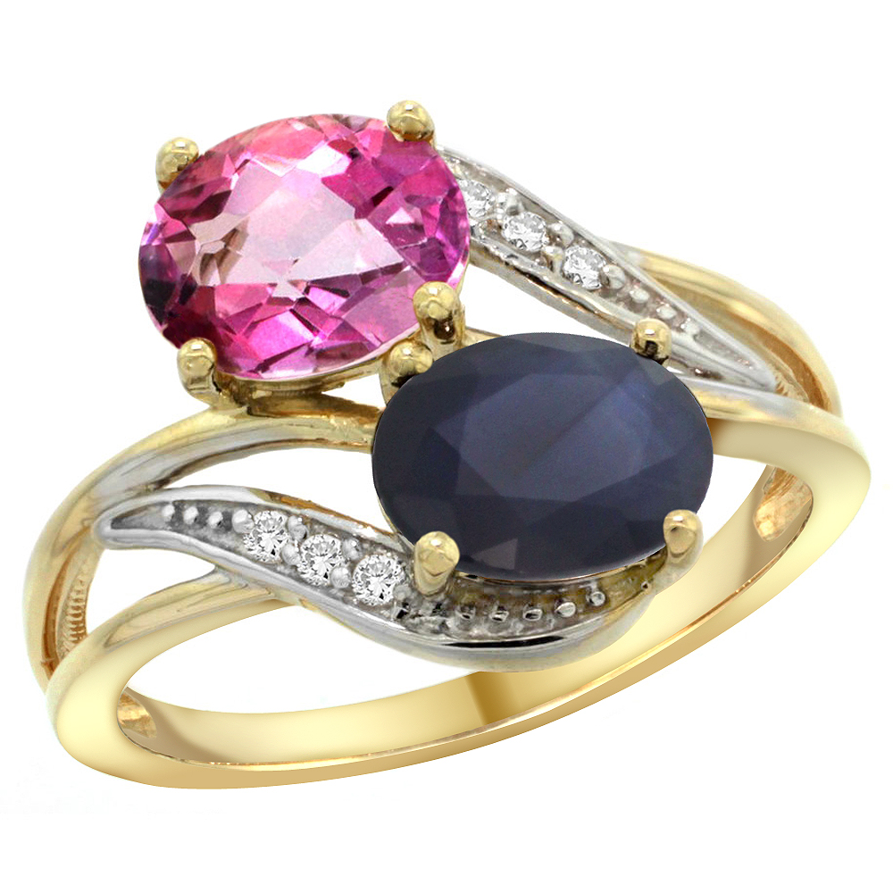 14K Yellow Gold Diamond Natural Pink Topaz&amp;Quality Blue Sapphire 2-stone Mothers Ring Oval 8x6mm,sz5 - 10