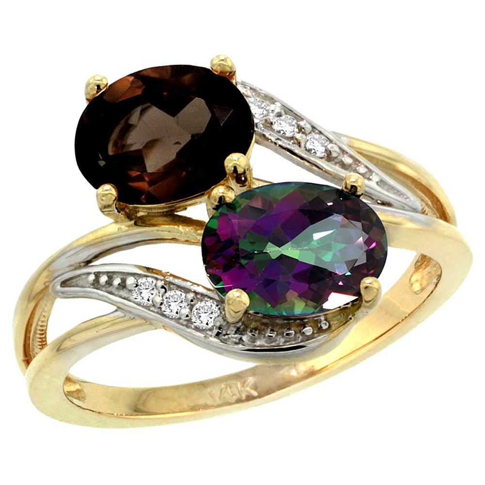 14K YELLOW GOLD DIAMOND NATURAL SMOKY & MYSTIC TOPAZ 2-STONE RING OVAL 8X6MM, SIZES 5 - 10