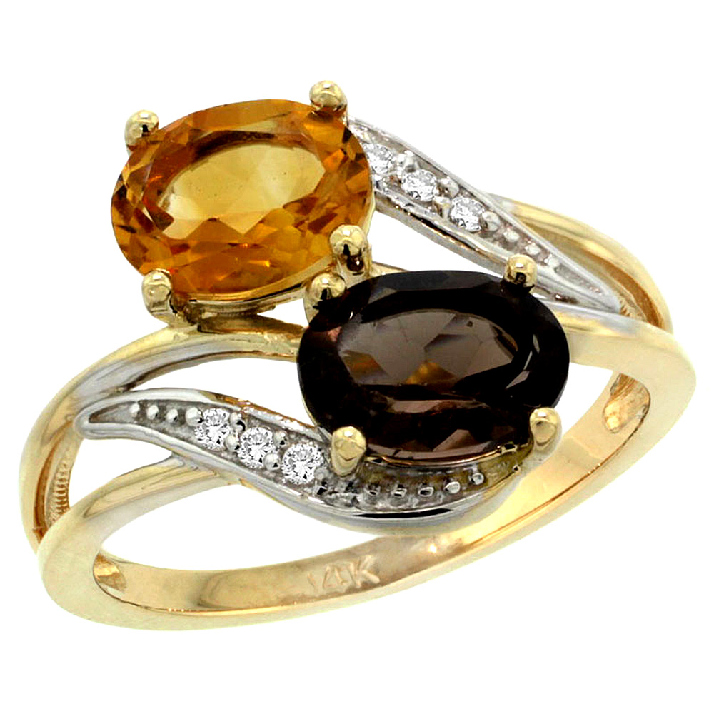 14K Yellow Gold Diamond Natural Smoky Topaz & Citrine 2-stone Ring Oval 8x6mm, sizes 5 - 10