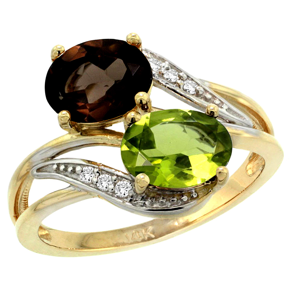 14K YELLOW GOLD DIAMOND NATURAL SMOKY TOPAZ & PERIDOT 2-STONE RING OVAL 8X6MM, SIZES 5 - 10