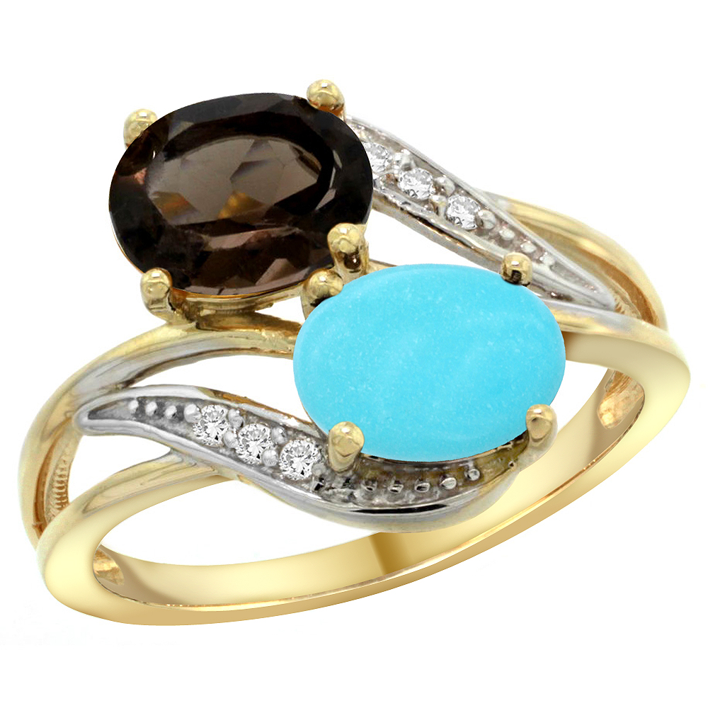 14K YELLOW GOLD DIAMOND NATURAL SMOKY TOPAZ & TURQUOISE 2-STONE RING OVAL 8X6MM, SIZES 5 - 10