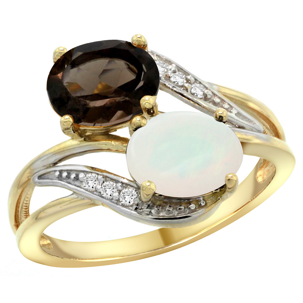 14K Yellow Gold Diamond Natural Smoky Topaz & Opal 2-stone Ring Oval 8x6mm, sizes 5 - 10
