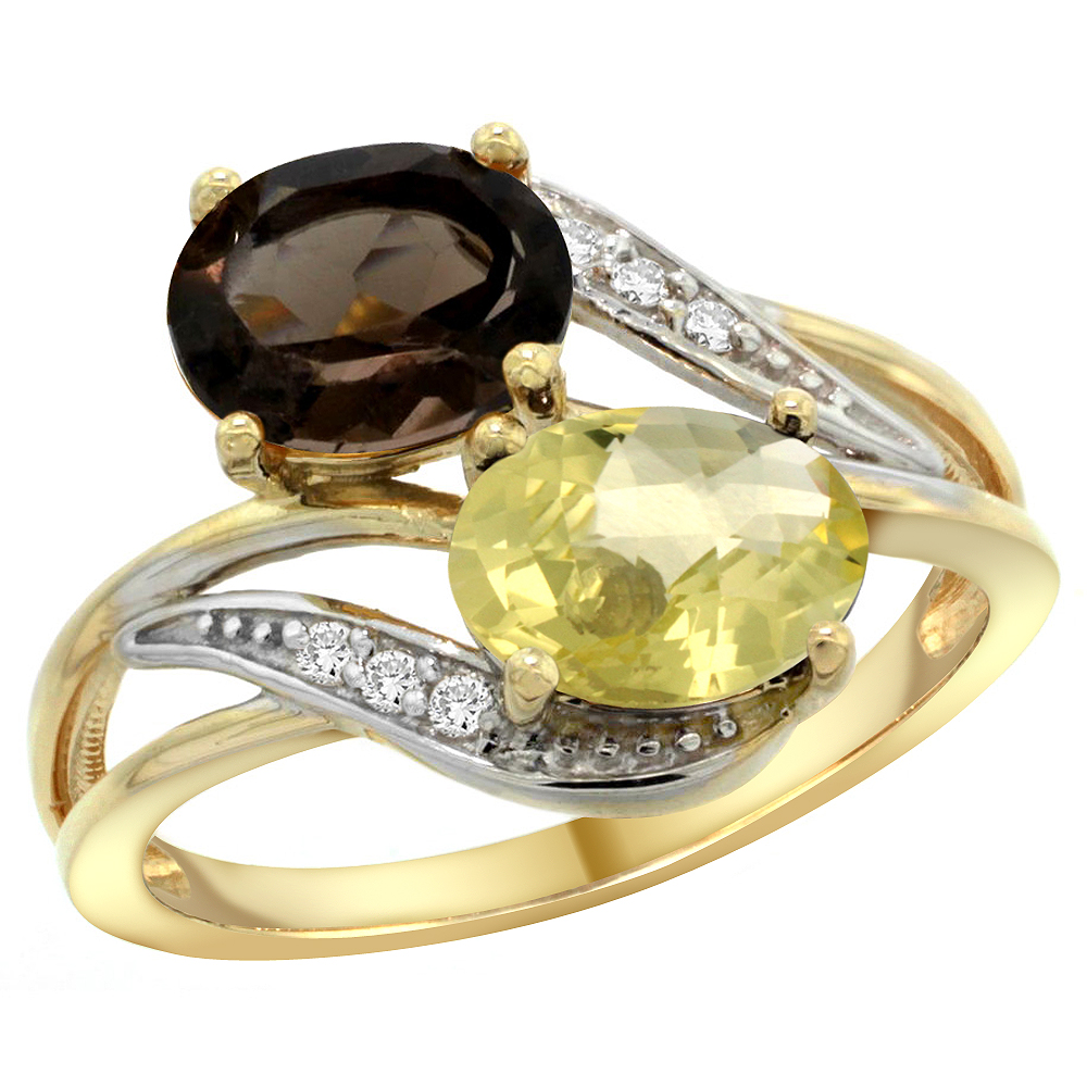 14K Yellow Gold Diamond Natural Smoky Topaz &amp; Lemon Quartz 2-stone Ring Oval 8x6mm, sizes 5 - 10