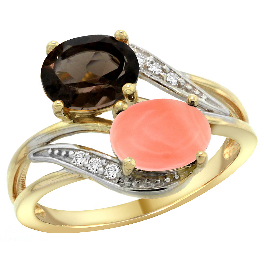 14K Yellow Gold Diamond Natural Smoky Topaz &amp; Coral 2-stone Ring Oval 8x6mm, sizes 5 - 10