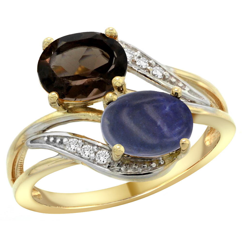 14K YELLOW GOLD DIAMOND NATURAL SMOKY TOPAZ & LAPIS 2-STONE RING OVAL 8X6MM, SIZES 5 - 10