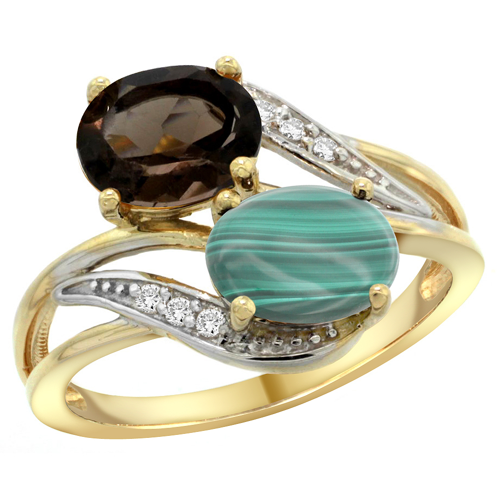 14K YELLOW GOLD DIAMOND NATURAL SMOKY TOPAZ & MALACHITE 2-STONE RING OVAL 8X6MM, SIZES 5 - 10