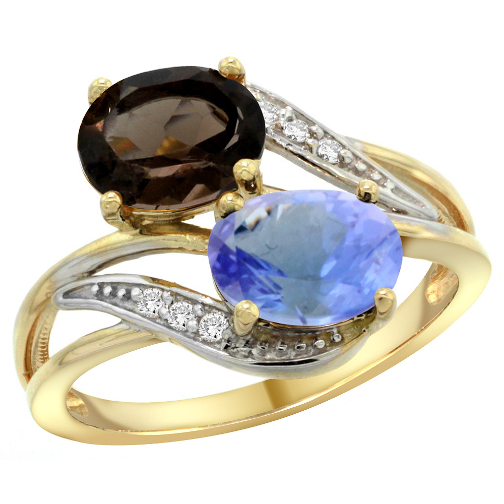 14K YELLOW GOLD DIAMOND NATURAL SMOKY TOPAZ & TANZANITE 2-STONE RING OVAL 8X6MM, SIZES 5 - 10