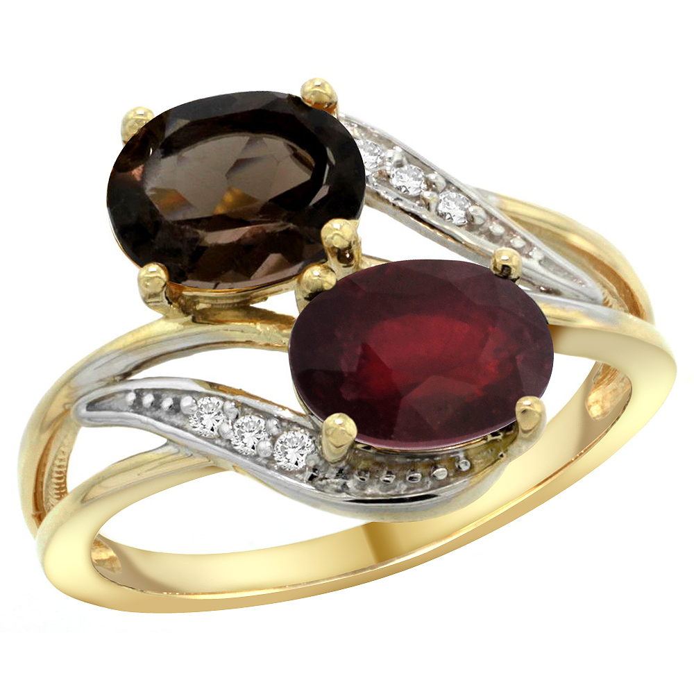 14K YELLOW GOLD DIAMOND NATURAL SMOKY TOPAZ & QUALITY RUBY 2-STONE MOTHERS RING OVAL 8X6MM, SIZE 5 - 10