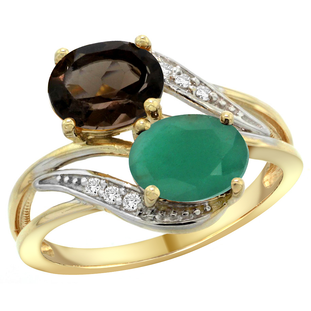 14K Yellow Gold Diamond Natural Smoky Topaz &amp; Quality Emerald 2-stone Mothers Ring Oval 8x6mm, size5 - 10