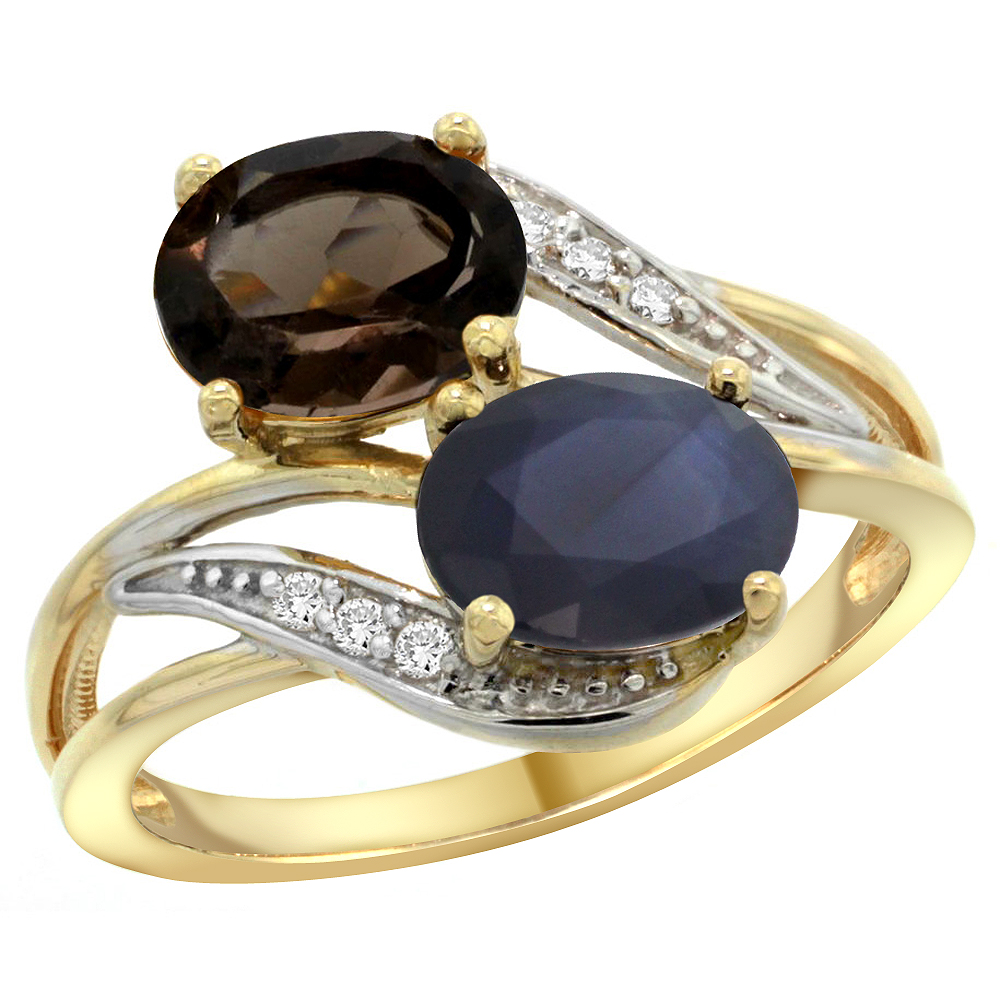 10K Yellow Gold Diamond Natural Smoky Topaz&amp;Quality Blue Sapphire 2-stone Mothers Ring Oval 8x6mm,sz5-10
