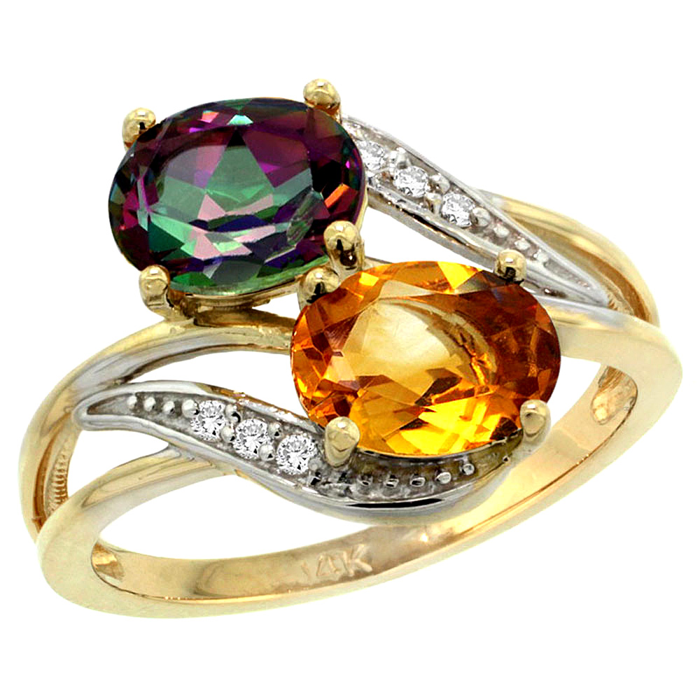 14K Yellow Gold Diamond Natural Mystic Topaz & Citrine 2-stone Ring Oval 8x6mm, sizes 5 - 10