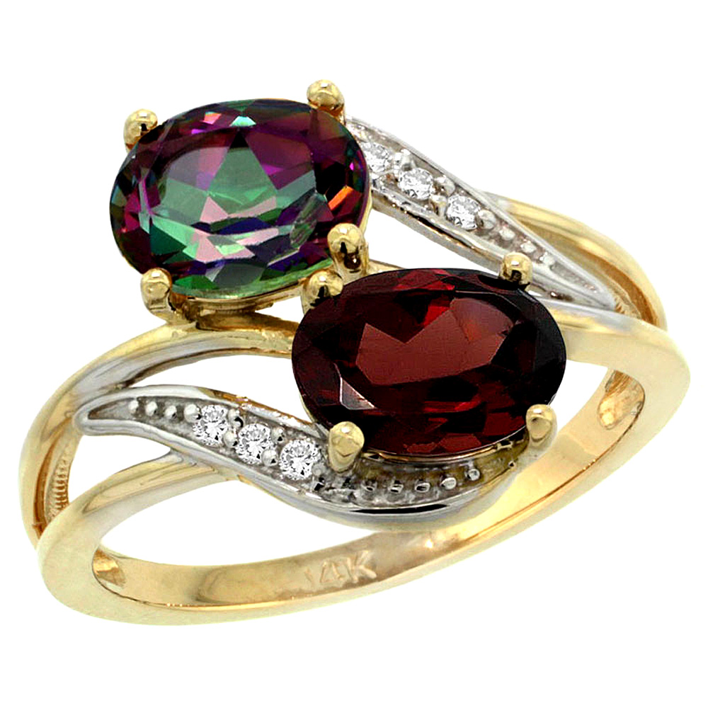 14K YELLOW GOLD DIAMOND NATURAL MYSTIC TOPAZ & GARNET 2-STONE RING OVAL 8X6MM, SIZES 5 - 10