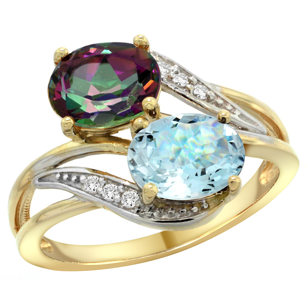 14K YELLOW GOLD DIAMOND NATURAL MYSTIC TOPAZ & AQUAMARINE 2-STONE RING OVAL 8X6MM, SIZES 5 - 10