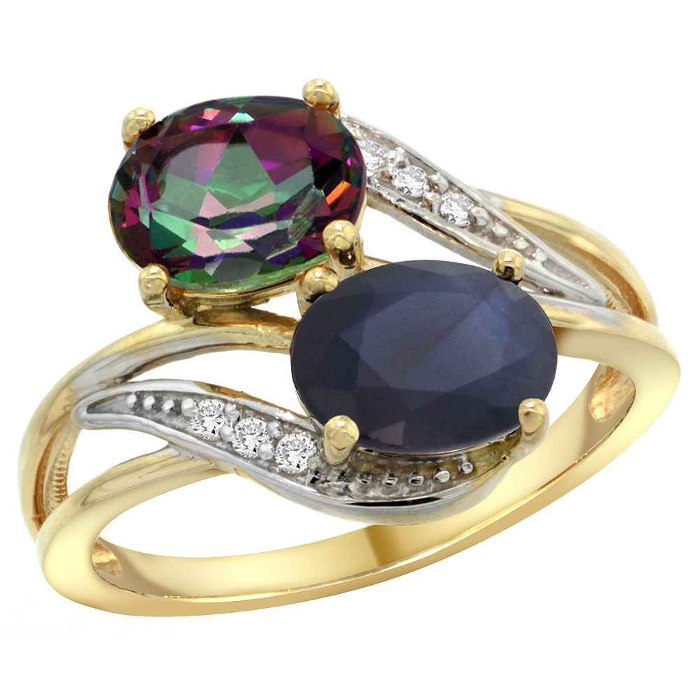 14K YELLOW GOLD DIAMOND NATURAL MYSTIC TOPAZ & BLUE SAPPHIRE 2-STONE RING OVAL 8X6MM, SIZES 5 - 10