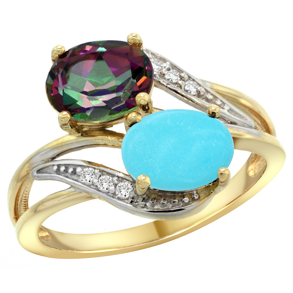 14K YELLOW GOLD DIAMOND NATURAL MYSTIC TOPAZ & TURQUOISE 2-STONE RING OVAL 8X6MM, SIZES 5 - 10