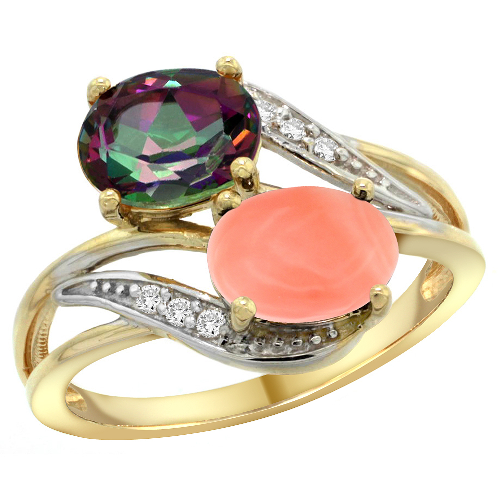 14K Yellow Gold Diamond Natural Mystic Topaz & Coral 2-stone Ring Oval 8x6mm, sizes 5 - 10