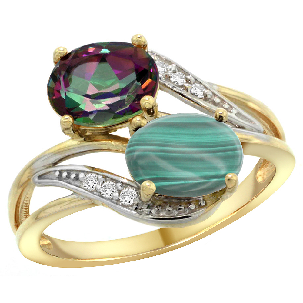 14K YELLOW GOLD DIAMOND NATURAL MYSTIC TOPAZ & MALACHITE 2-STONE RING OVAL 8X6MM, SIZES 5 - 10