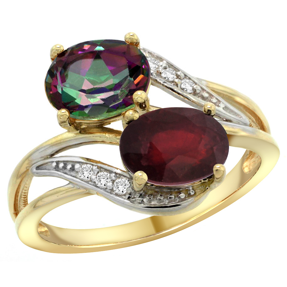 14K YELLOW GOLD DIAMOND NATURAL MYSTIC TOPAZ & QUALITY RUBY 2-STONE MOTHERS RING OVAL 8X6MM, SIZE 5 - 10
