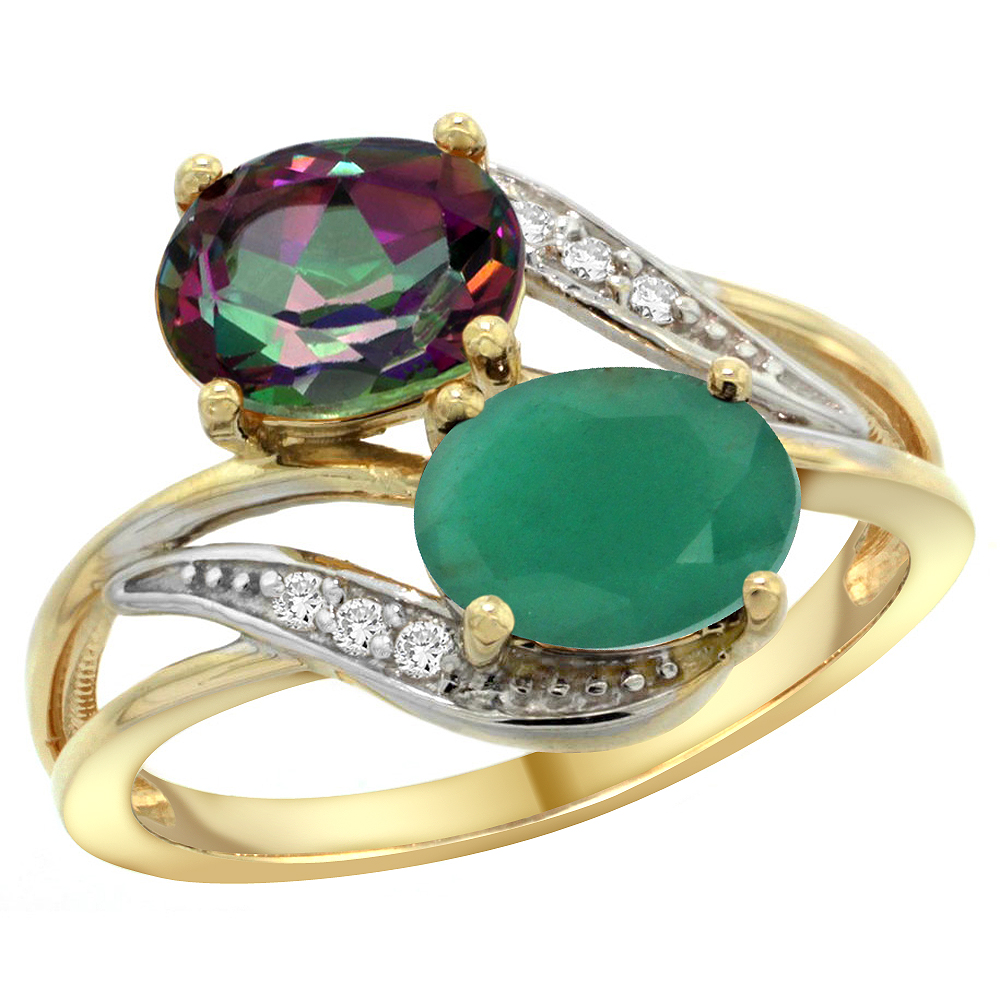 14K YELLOW GOLD DIAMOND NATURAL MYSTIC TOPAZ & QUALITY EMERALD 2-STONE MOTHERS RING OVAL 8X6MM, SZ 5 - 10