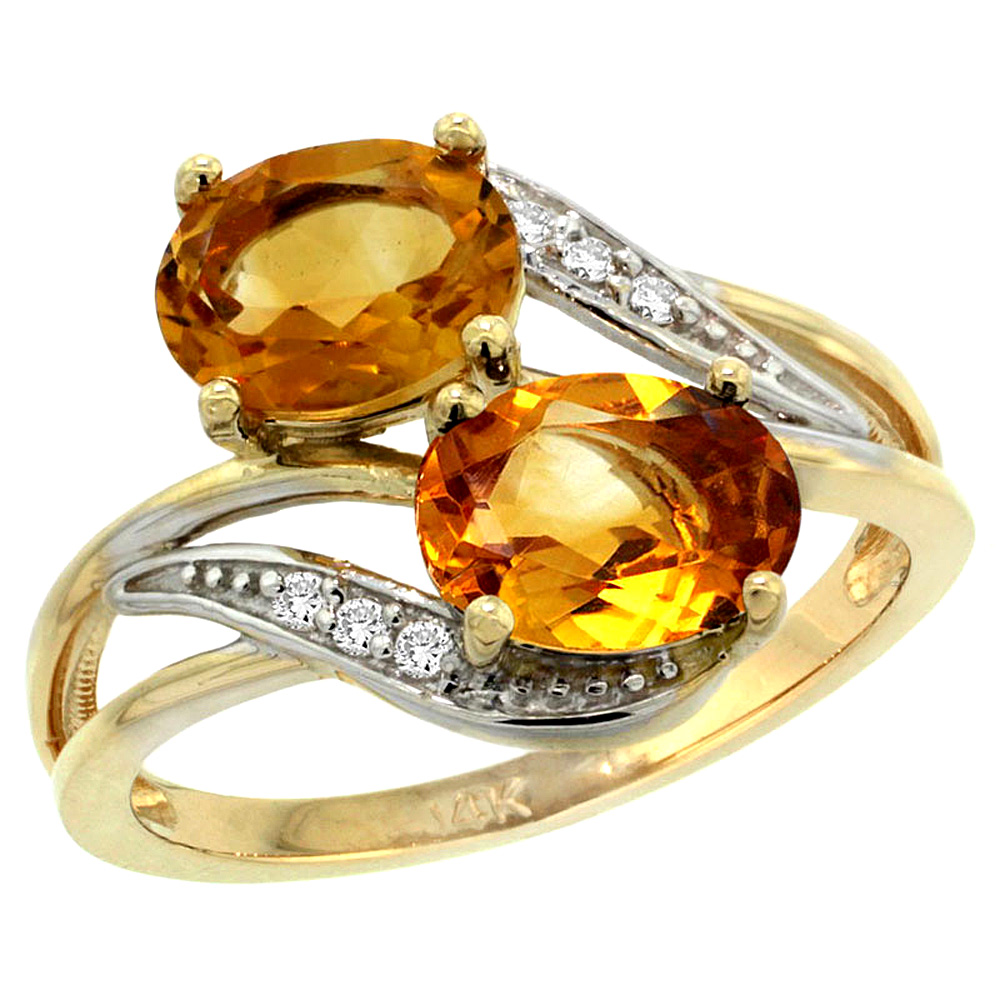 14K YELLOW GOLD DIAMOND NATURAL CITRINE 2-STONE RING OVAL 8X6MM, SIZES 5 - 10