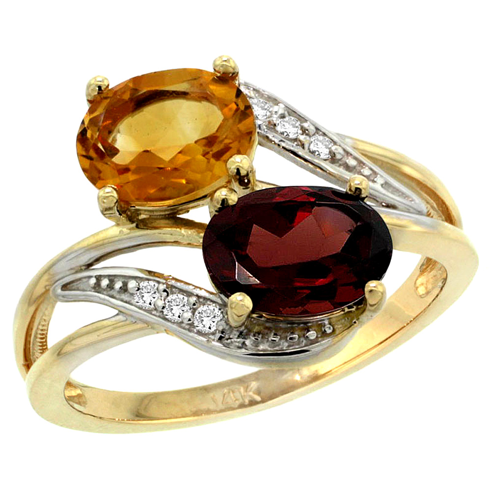 14K Yellow Gold Diamond Natural Citrine & Garnet 2-stone Ring Oval 8x6mm, sizes 5 - 10