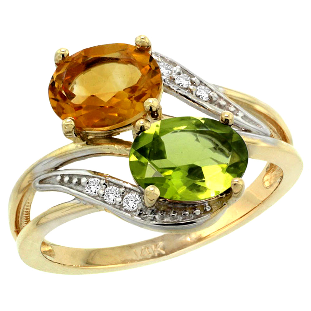 10K Yellow Gold Diamond Natural Citrine &amp; Peridot 2-stone Ring Oval 8x6mm, sizes 5 - 10