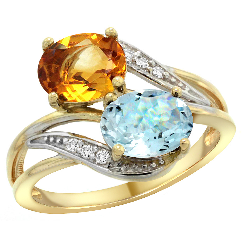 14K Yellow Gold Diamond Natural Citrine &amp; Aquamarine 2-stone Ring Oval 8x6mm, sizes 5 - 10