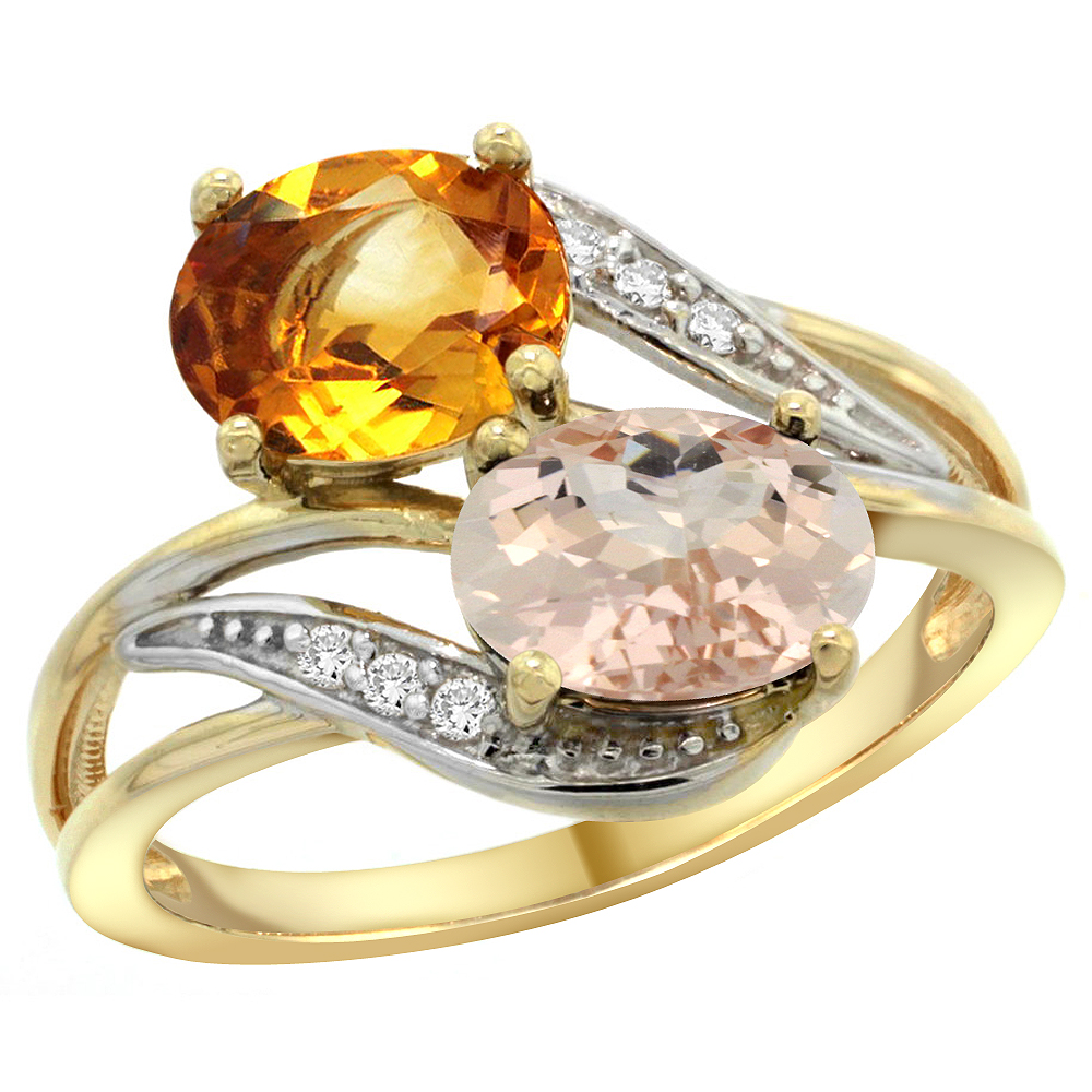 10K Yellow Gold Diamond Natural Citrine &amp; Morganite 2-stone Ring Oval 8x6mm, sizes 5 - 10