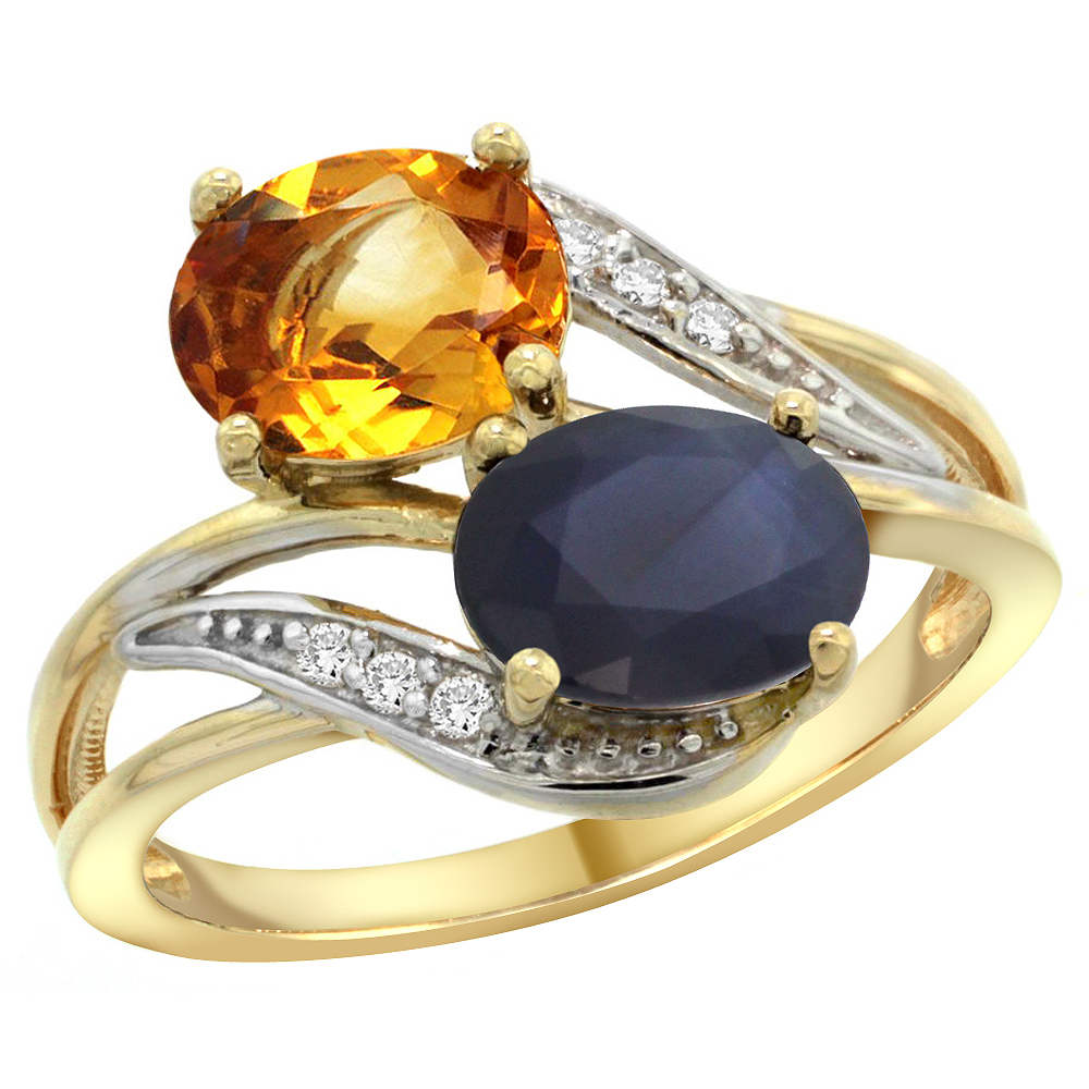 14K Yellow Gold Diamond Natural Citrine &amp; Blue Sapphire 2-stone Ring Oval 8x6mm, sizes 5 - 10